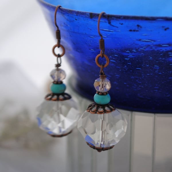 Turquoise crystal copper earrings