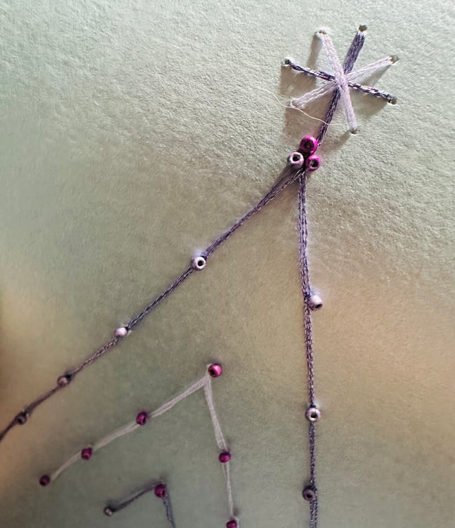 Hand Embroidered Christmas card with seed beads abstract tree of purple glitter 