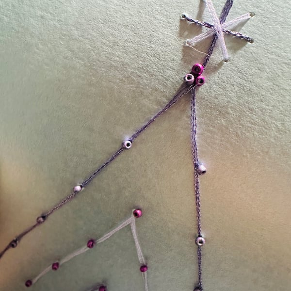 Hand Embroidered Christmas card with seed beads abstract tree of purple glitter 