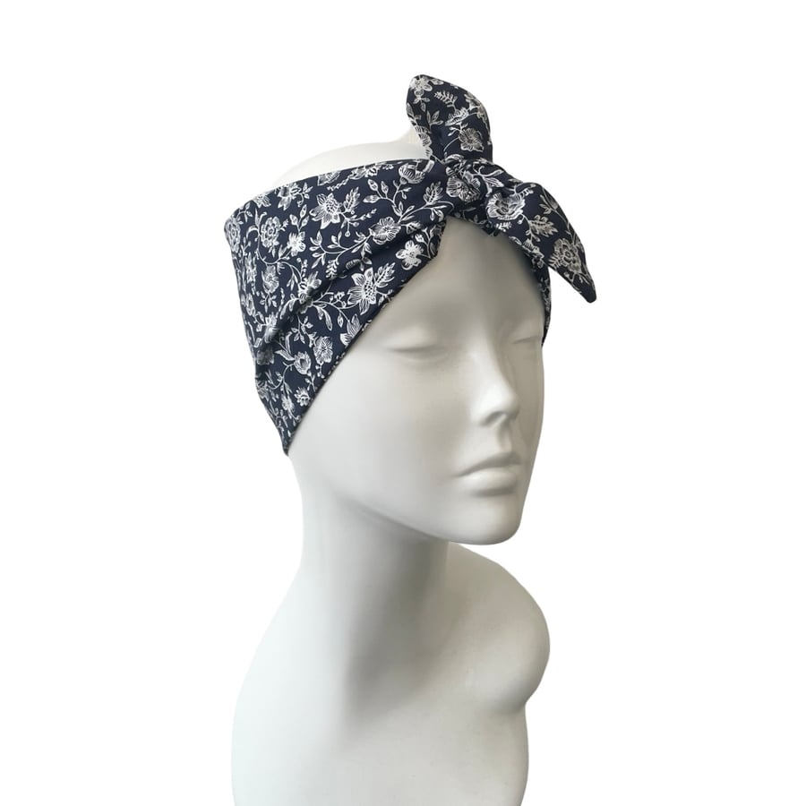 Wide Top Knot Boho Headband Head Wrap Self Tie Handmade Navy and White Floral 