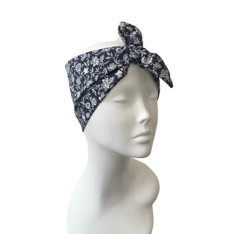 Wide Top Knot Boho Headband Head Wrap Self Tie Handmade Navy and White Floral 