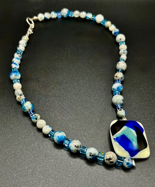 Handmade fused glass pendant with Swarovski Crystal and Jasper