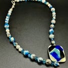 Handmade fused glass pendant with Swarovski Crystal and Jasper