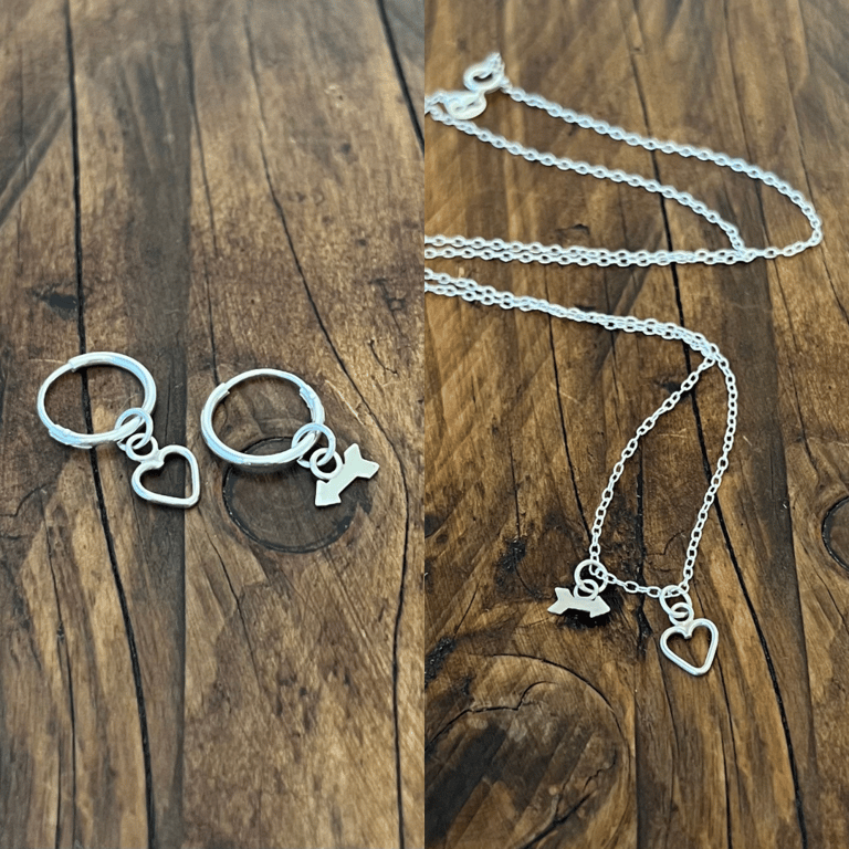 Handmade Heart & Arrow Petite Hoop Earrings & Pendant Set
