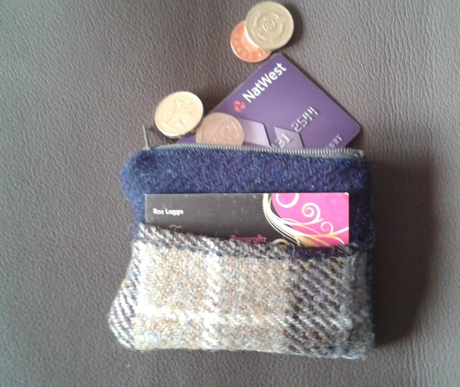 Blue harris tweed zipped coin purse