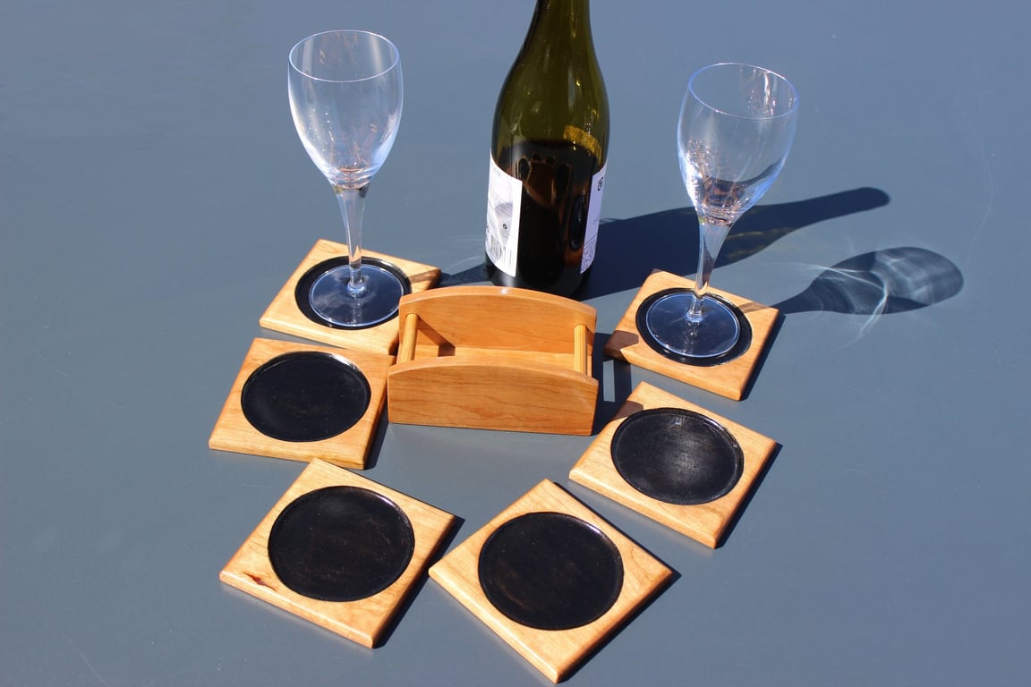 Handcrafted Cherry Wood Coasters - Set of 6 with Matching Stand