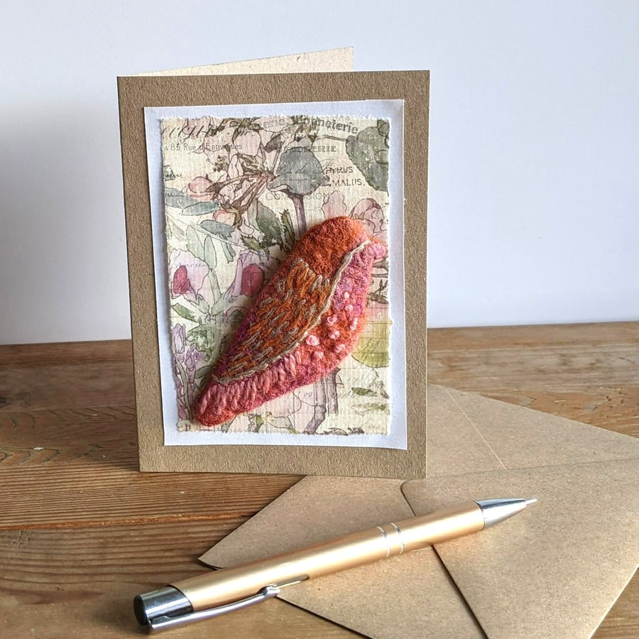 Brooch on a card - felted bird in peachy pinks