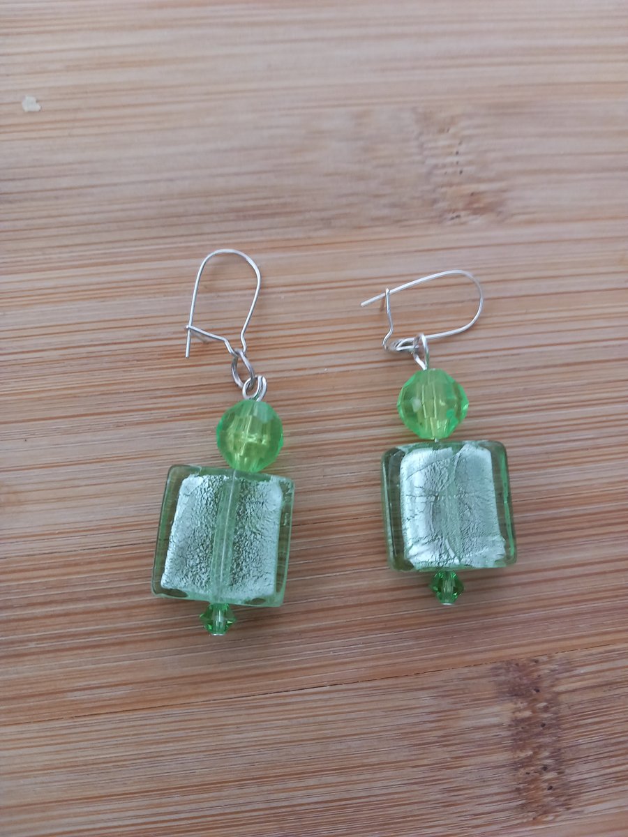 Green square glass beaded drop earrings for pierced ears