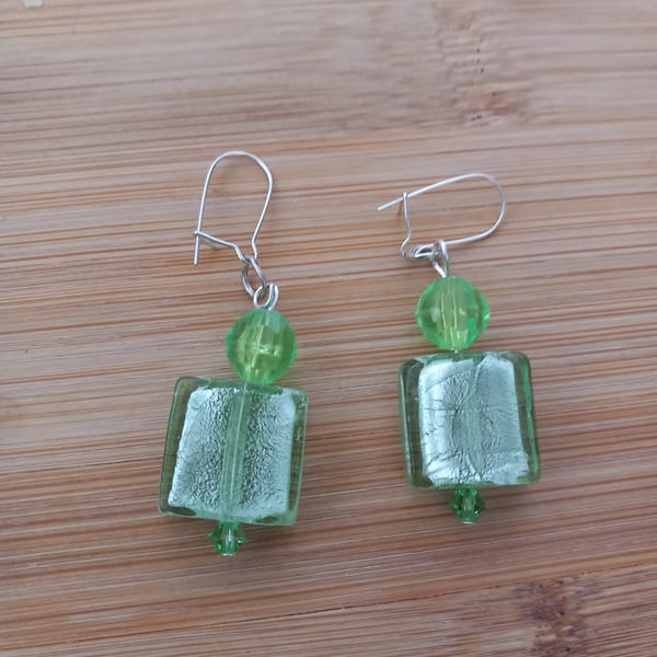 Green square glass beaded drop earrings for pierced ears