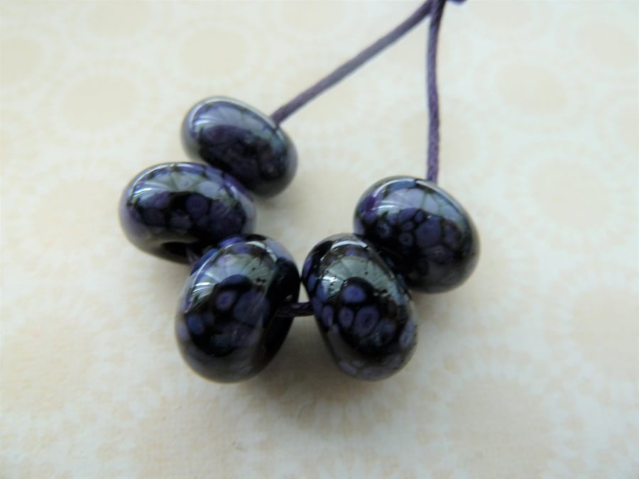 handmade lampwork glass beads, black and purple set