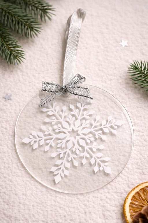 Clear Acrylic Bauble with Intricate White Snowflake – Minimalist Christmas