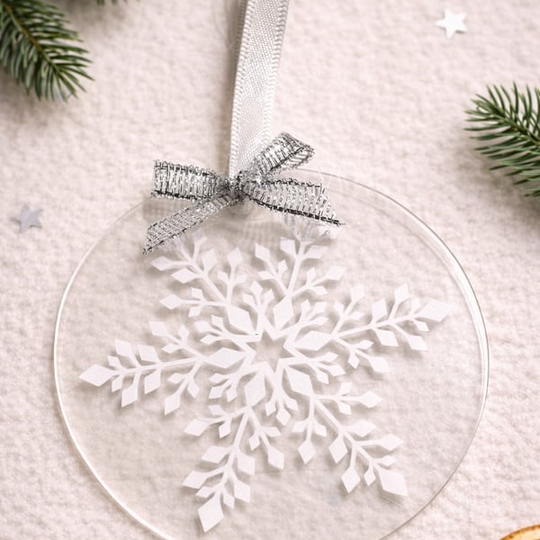 Clear Acrylic Bauble with Intricate White Snowflake – Minimalist Christmas