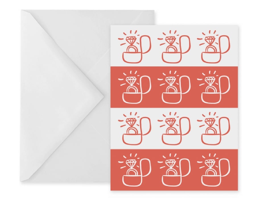 Engagement Card With Engagement Ring Illustrations On Coral Stripes