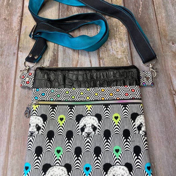 Small Crossbody Bag Turquoise Rainbow Panda Mock Croc