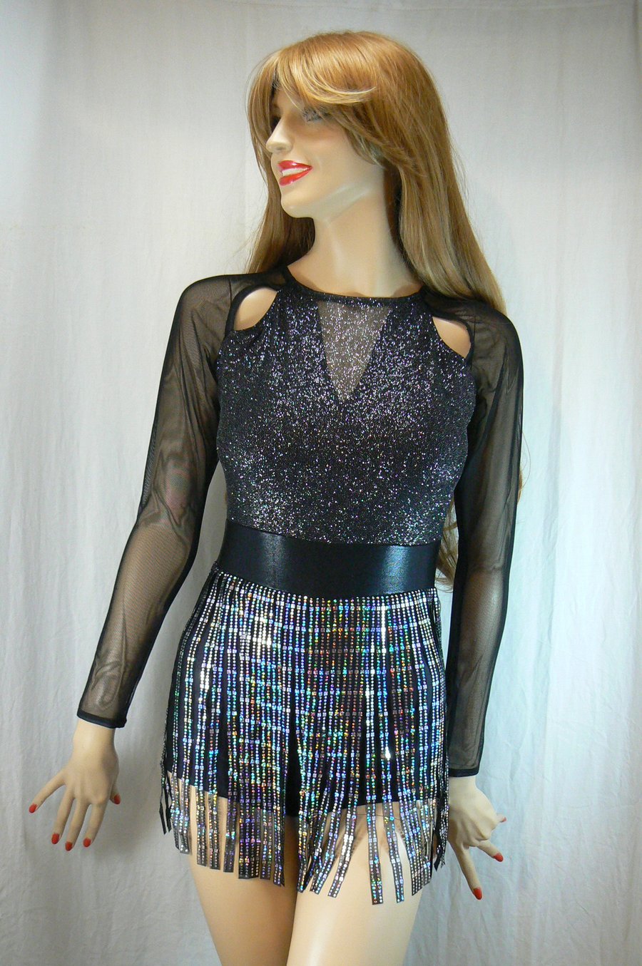 sparkly black Tap dance costume with hologram fringed mesh skirt