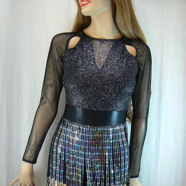sparkly black Tap dance costume with hologram fringed mesh skirt
