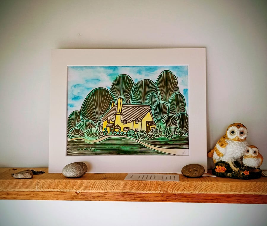 Selworthy village linoprint for country life fans