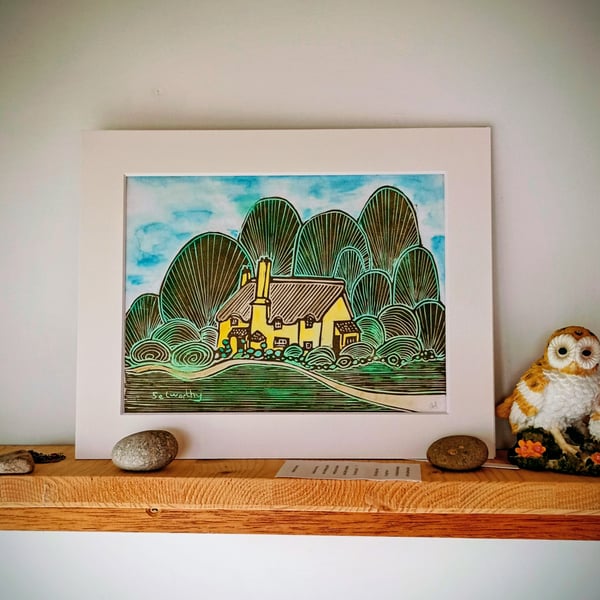 Selworthy village linoprint for country life fans