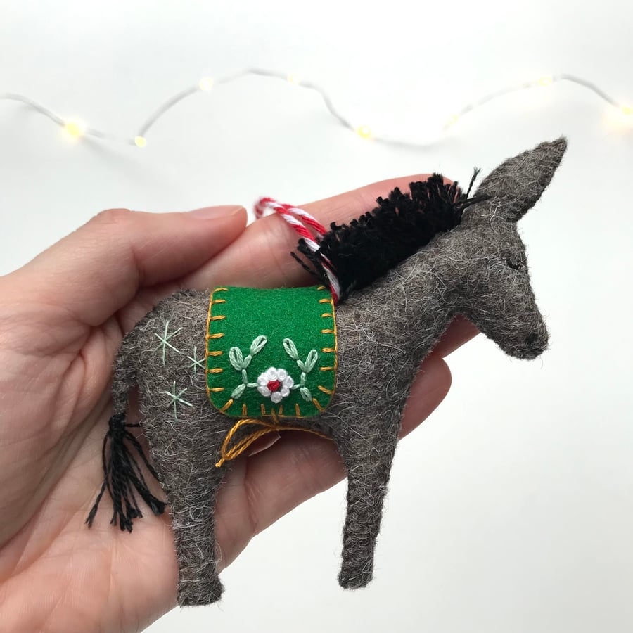 Hand Stitched Wool Felt Donkey Christmas Tree Decoration - brown marl