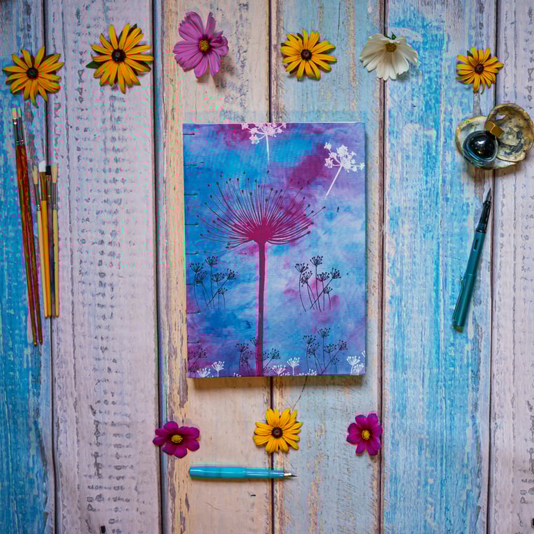 Hand-Dyed Screen-Printed Heirloom Journal, A4, Bright Pink Agapanthus (Folksy75)