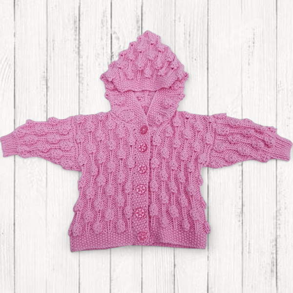 Pink hooded baby cardigan with bobble pattern 0 - 6 months 