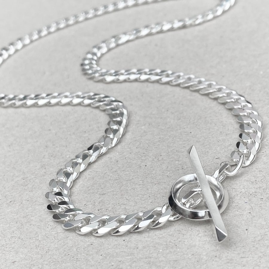 Oxidised or polished sterling silver heavy curb chain unique T bar necklace