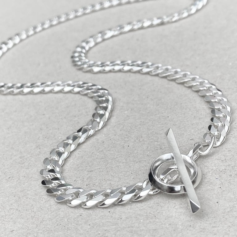 Oxidised or polished sterling silver heavy curb chain unique T bar necklace