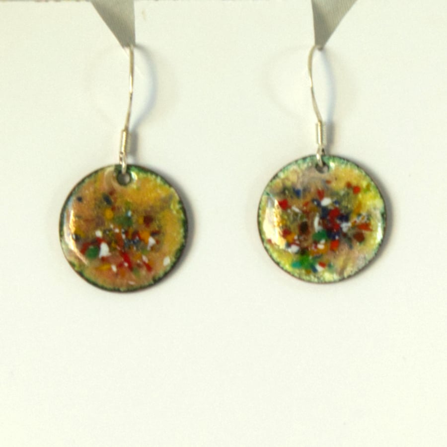 enamelled earrings - round, multicoloured enamel chip on gold over white enamel