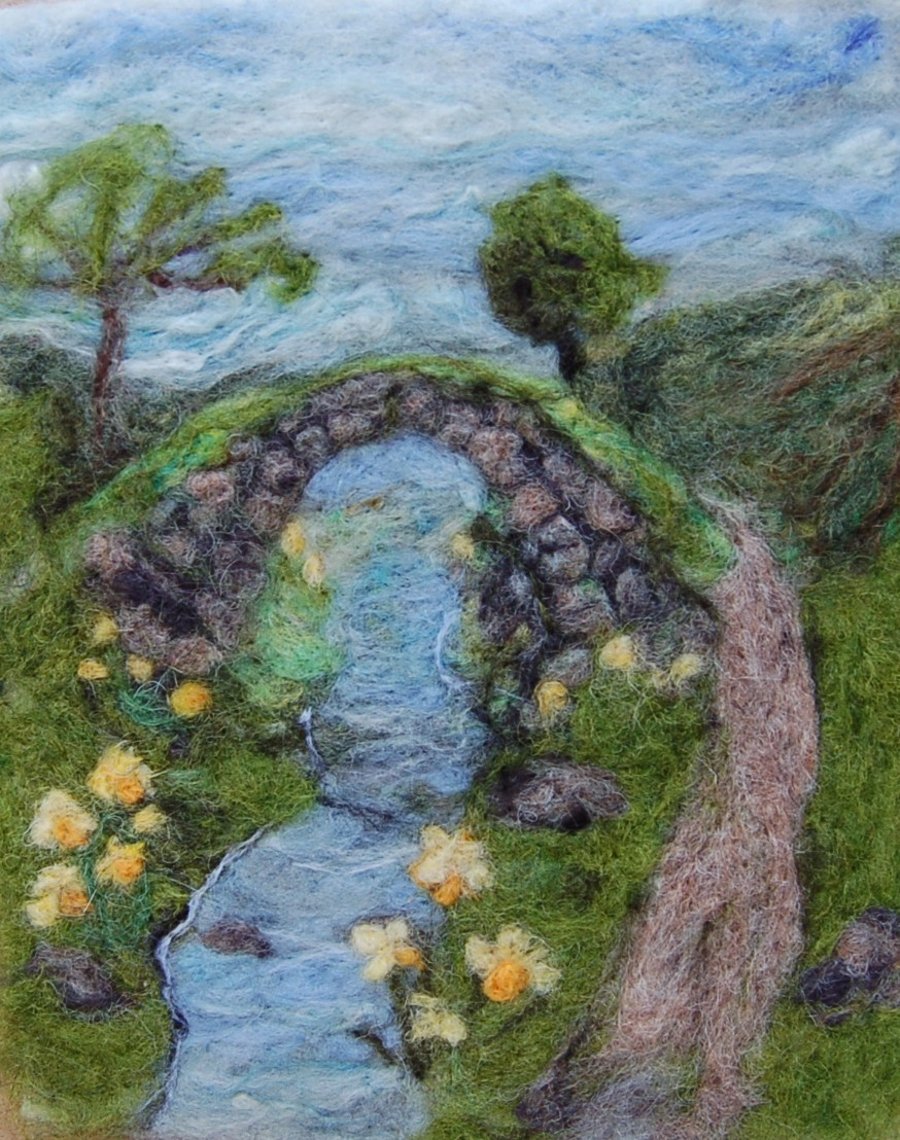 Textile Art, Fibre art. framed or unframed - Daffodils by a Packhorse Bridge 