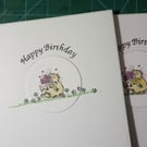 Cute cat with bouquet birthday card 