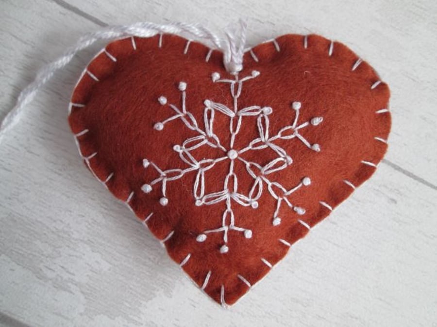 SALE - Hand Embroidered Felt 'Gingerbread' Heart with Snowflake Tree Decoration