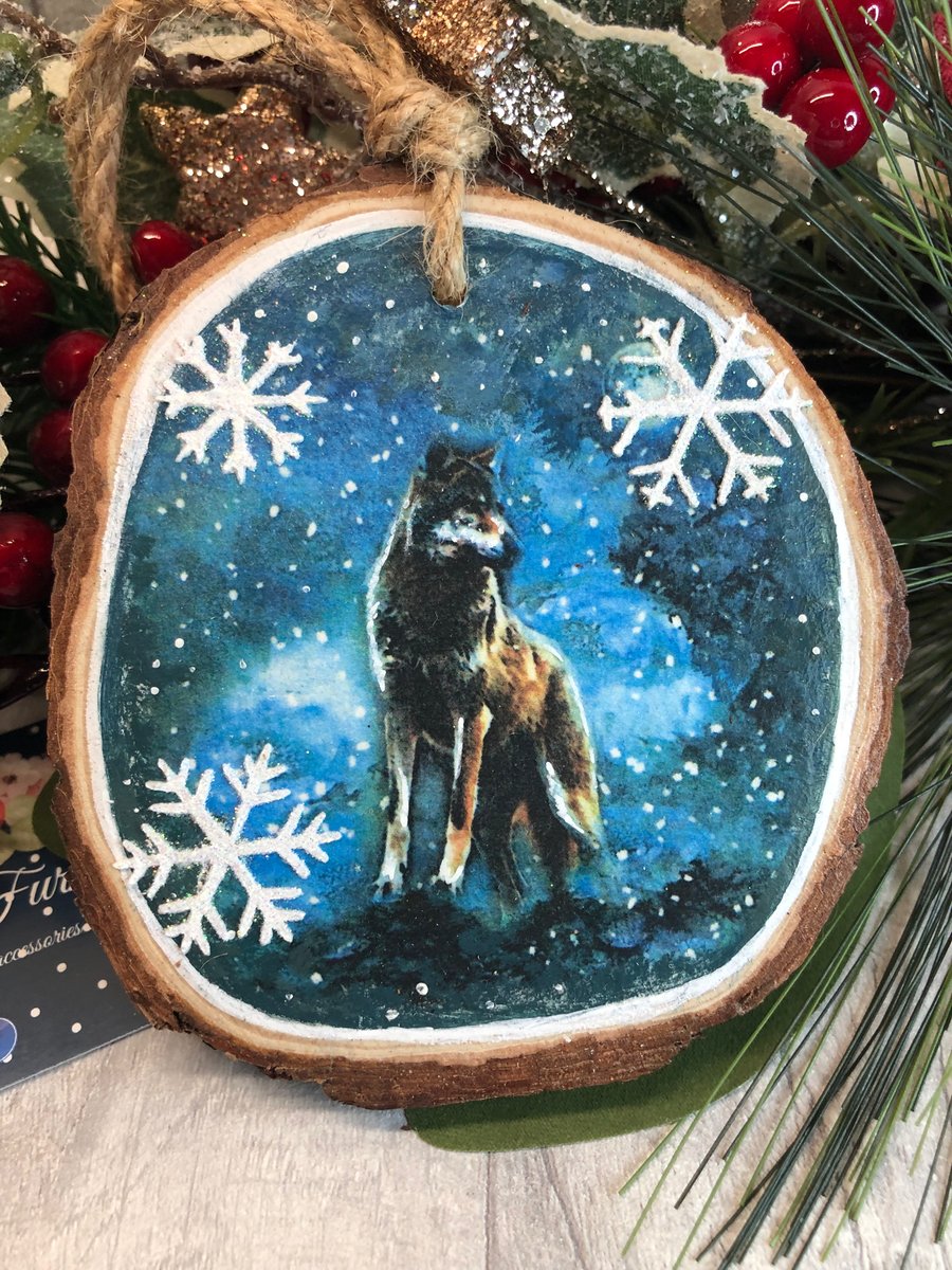 Moonlight Wolf rustic log slice Christmas tree decoration