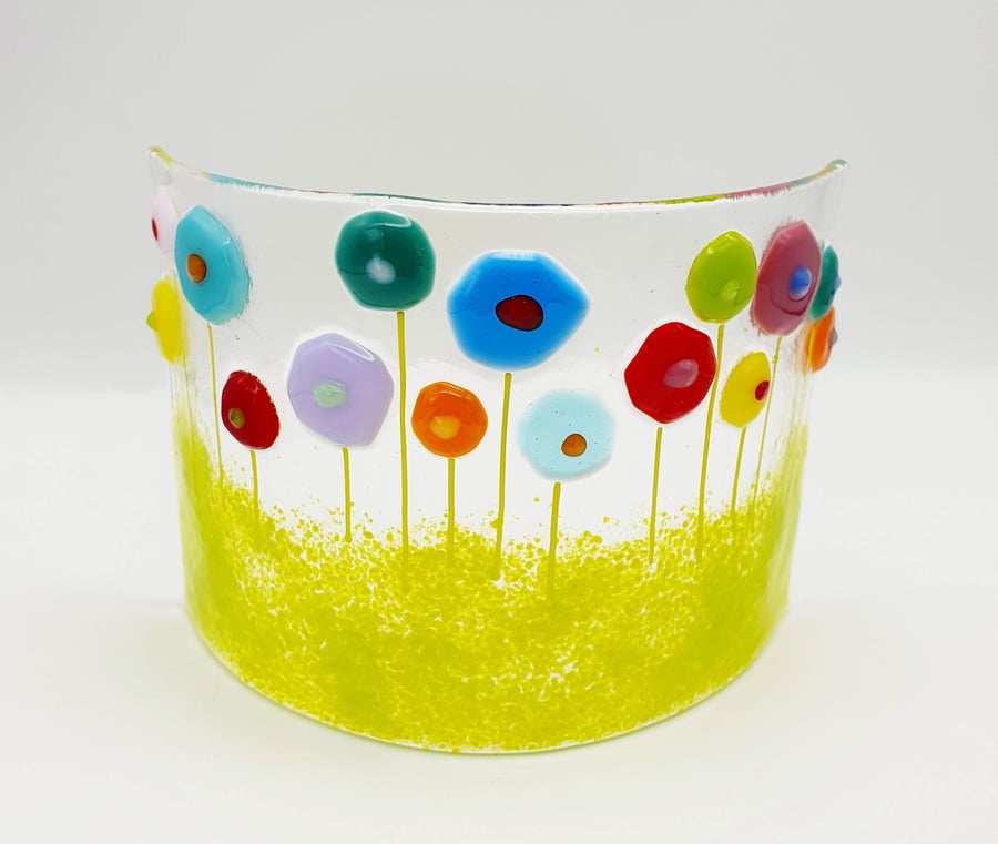 SALE - Fused Glass ‘Rainbow Abstract Flowers’ curved panel 