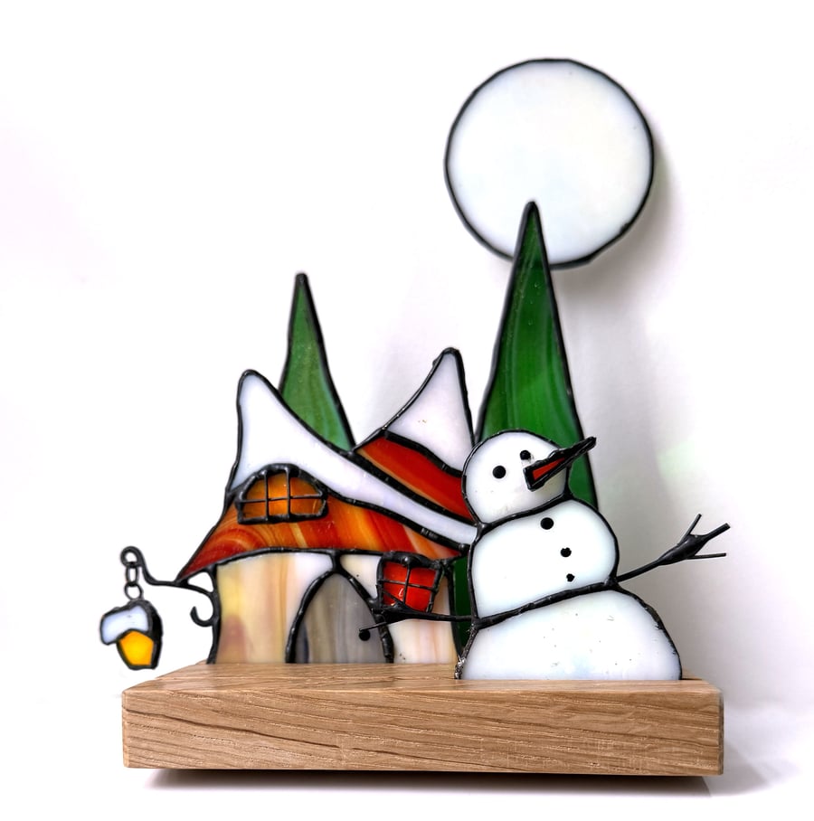 Stained Glass 3D Diorama Christmas Winter Full Moon Scene.  