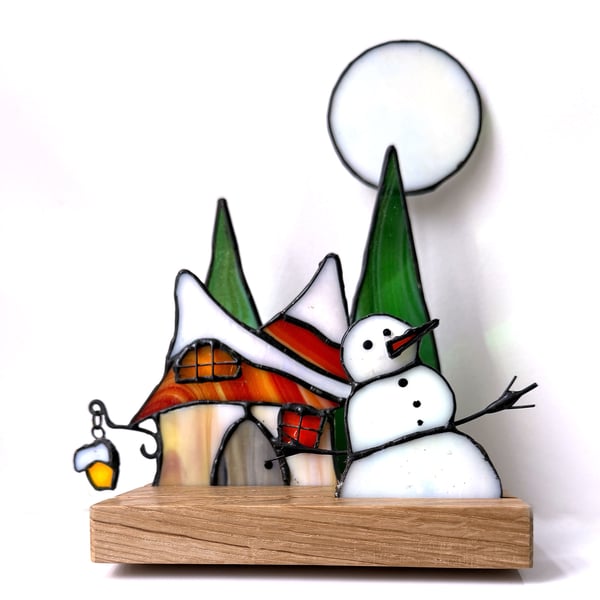 Stained Glass 3D Diorama Christmas Winter Full Moon Scene.  