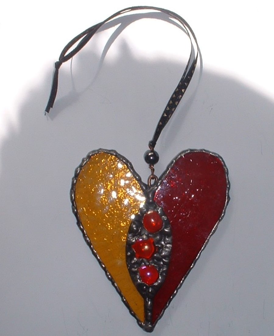 "Desire" Red & Gold Stained Glass Heart Suncatcher