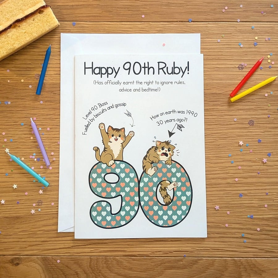 Funny Cat 90th Birthday Card, Sarcastic Feline Milestone, Cat Lovers Gift, A5 