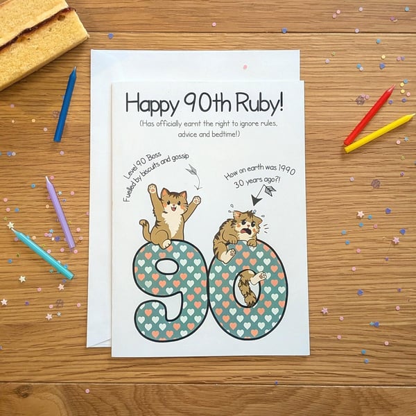 Funny Cat 90th Birthday Card, Sarcastic Feline Milestone, Cat Lovers Gift, A5 