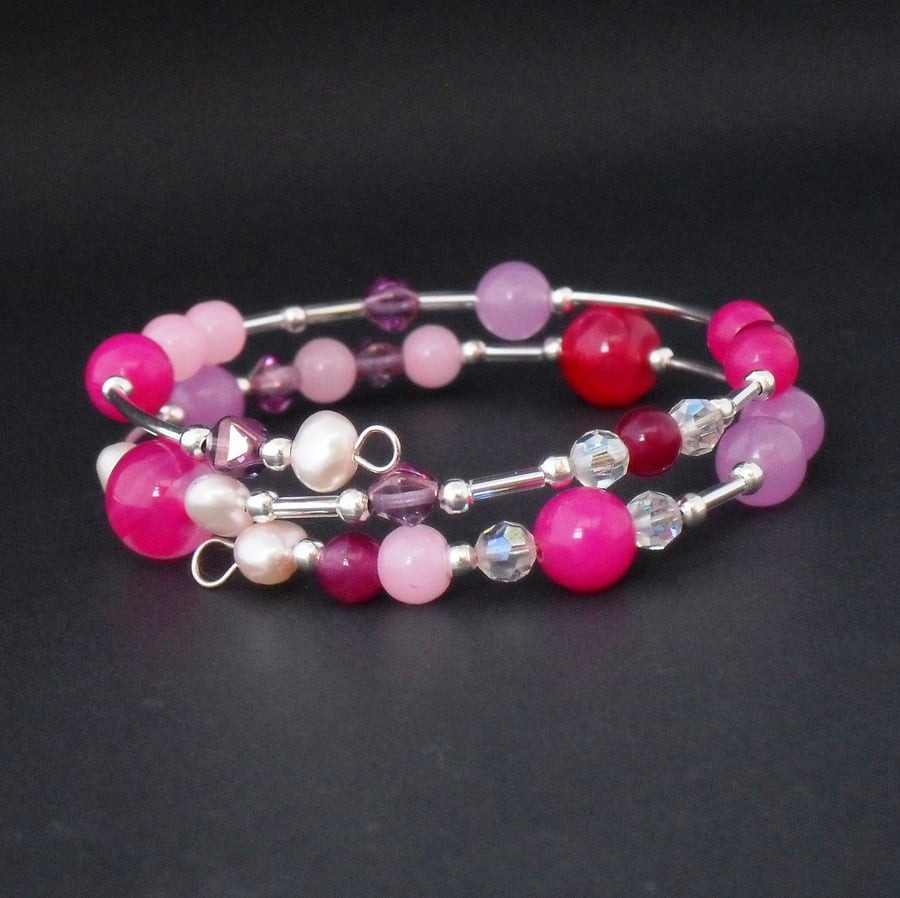 Pink gemstone and pearl wire wrap bracelet