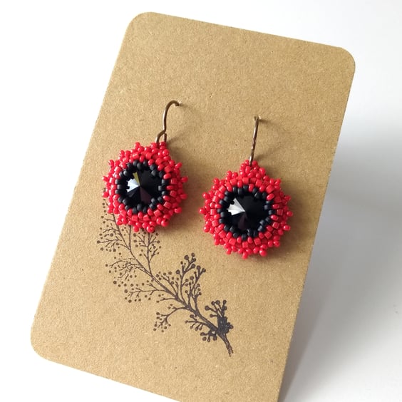Poppy Red and Black Flower Earrings