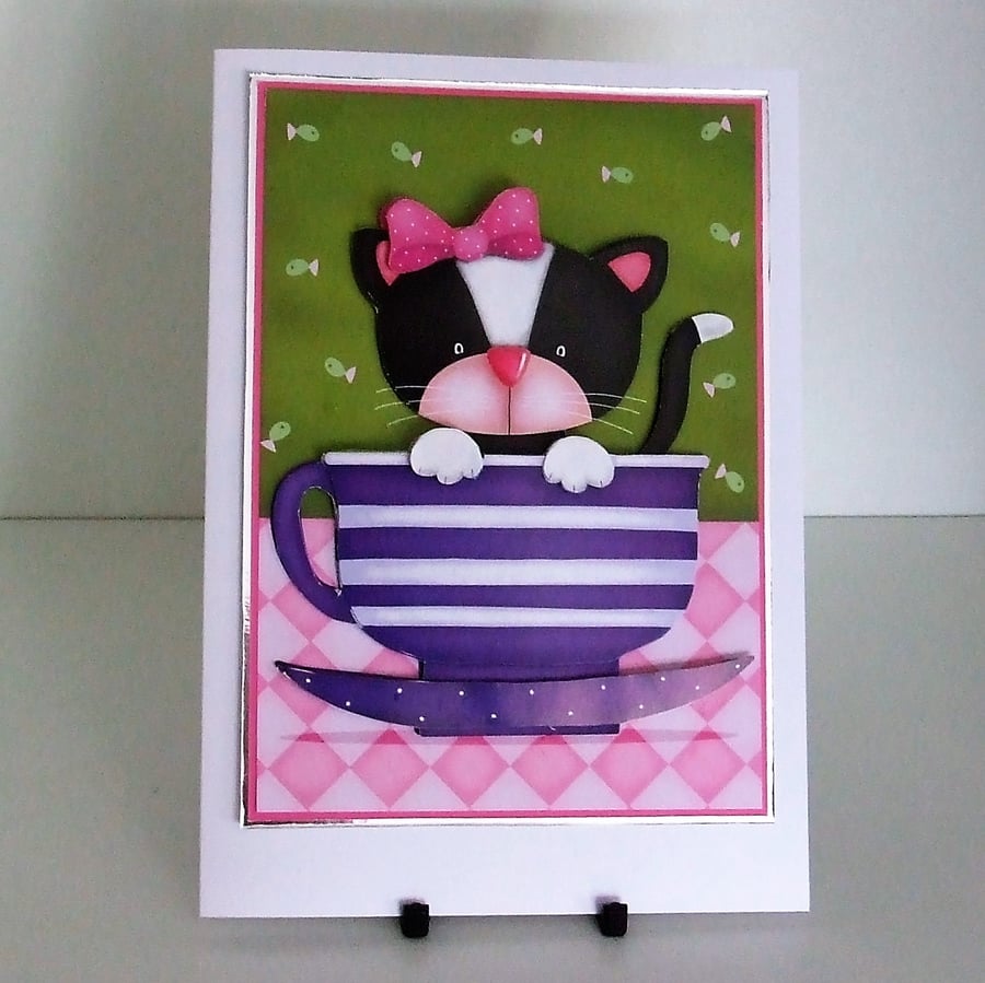 Handmade Blank Card, Can Be Personalised, Kitten In A Teacup
