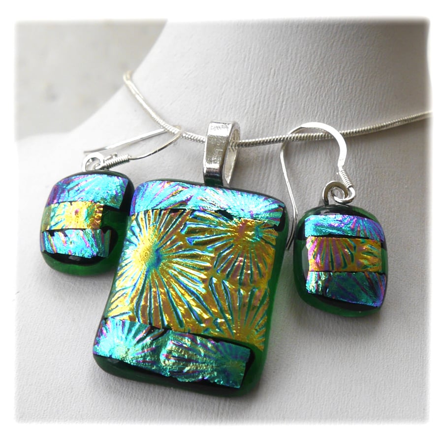 Dichroic Glass Pendant Earring Set 076 Green Teal Shine and silver plated chain