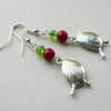 Red and Green Christmas Robin Silver Dangle Earrings    KCJ1863