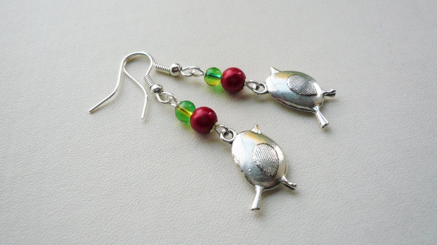 Red and Green Christmas Robin Silver Dangle Earrings    KCJ1863