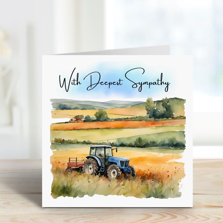 Deepest Sympathy Card For Farmer - Watercolour Tractor in Field Scene