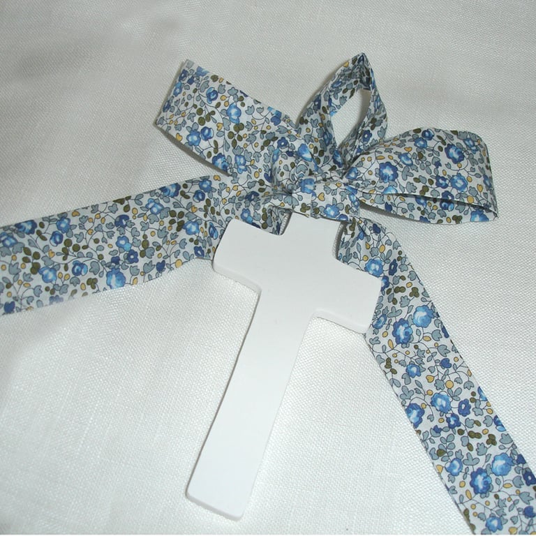 Cross With Liberty Ribbon Hanging Decoration Easter White Blue Floral