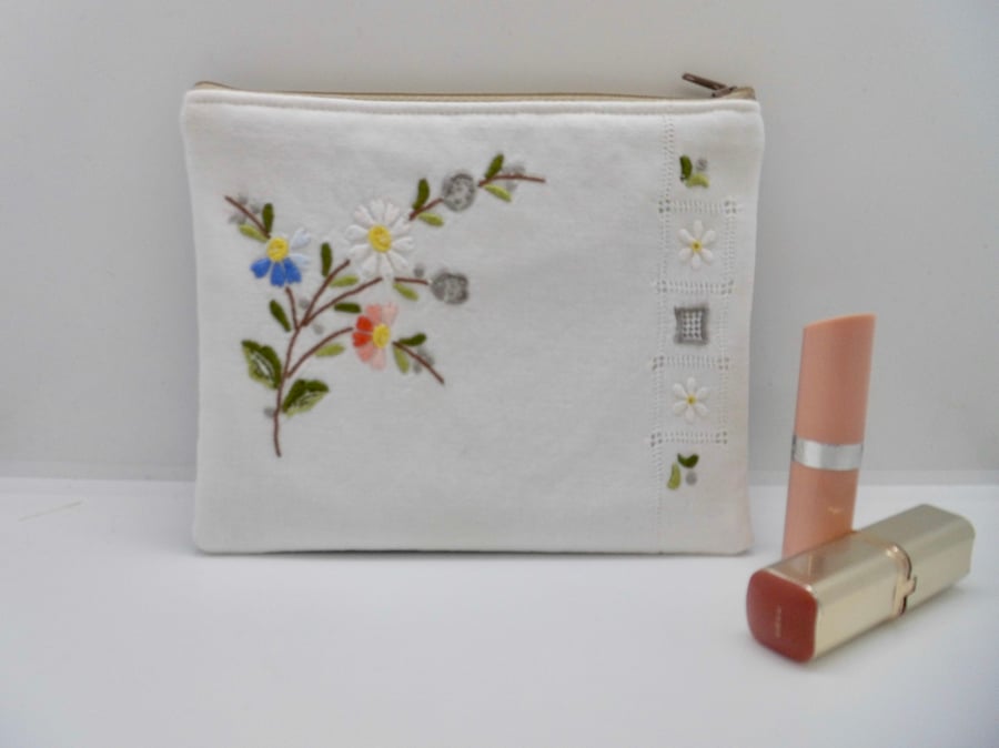 Make up bag with upcycled vintage embroidery 
