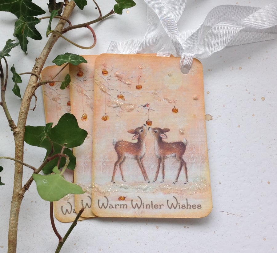 GIFT TAGS  ( set of 3. ) Christmas . Winter.  Vintage-style . Deer . Fawn. 