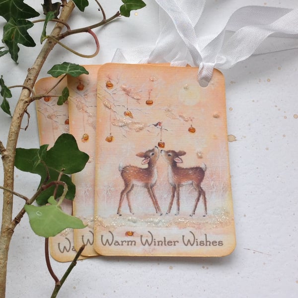 GIFT TAGS  ( set of 3. ) Christmas . Winter.  Vintage-style . Deer . Fawn. 