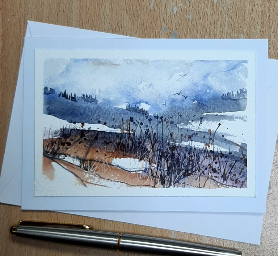 Misty Moorland. Handpainted Blank Card. Paper Art